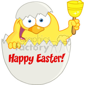 4753-Royalty-Free-RF-Copyright-Safe-Happy-Yellow-Chick-Peeking-Out-Of-An-Egg-And-Ringing-A-Bell clipart.
