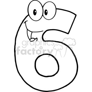 cartoon funny education school learning numbers character happy 6 six black white
