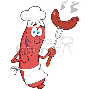 Happy-Sausage-Chef-Cartoon-Mascot-Character-With-Sausage-On-Fork clipart. Commercial use image # 386474