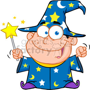 Clipart of Happy Wizard Boy Waving With Magic Wand clipart.