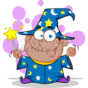 Royalty Free Happy African American Wizard Boy Waving With Magic Wand clipart.