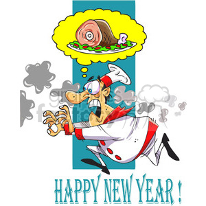 cartoon funny chef cooking burnt burning dinner ham meat running hurry busy Happy+New+Year