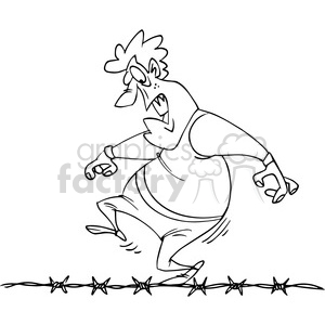 cartoon guy walking a tight rope on barbed wire in black and white clipart.