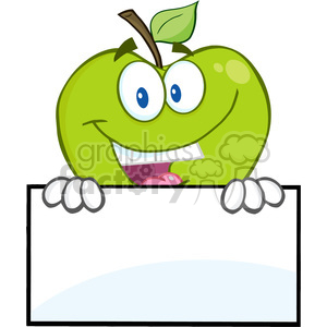 5780 Royalty Free Clip Art Smiling Green Apple Hiding Behind A Sign clipart.