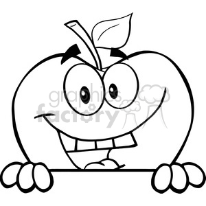 5960 Royalty Free Clip Art Smiling Apple Hiding Behind A Sign clipart.