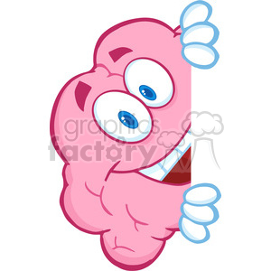 5855 Royalty Free Clip Art Smiling Brain Character Hiding Behind A Sign clipart.