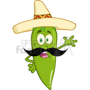 6798 Royalty Free Clip Art Smiling Green Chili Pepper Cartoon Character With Mexican Hat And Mustache Waving For Greeting clipart. Royalty-free image # 389492