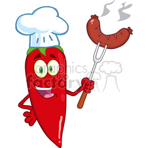 6789 Royalty Free Clip Art Cute Red Chili Pepper Chef With Sausage On Fork clipart.