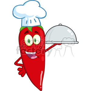 6791 Royalty Free Clip Art Cute Red Chili Pepper Chef Holding A Platter clipart. Commercial use image # 389572