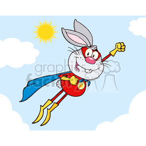 Royalty Free RF Clipart Illustration Gray Rabbit Superhero Cartoon Character Flying In The Sky clipart.