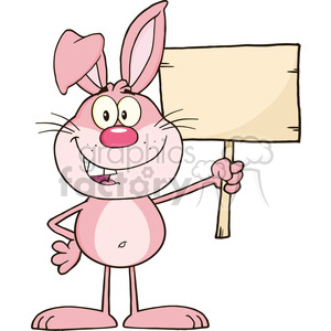 Royalty Free RF Clipart Illustration Funny Pink Rabbit Cartoon Character Holding A Wooden Board clipart.