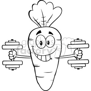 Royalty Free RF Clipart Illustration Black And White Smiling Carrot Cartoon Character Exercising With Dumbbells clipart.
