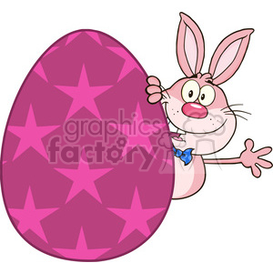 Royalty Free RF Clipart Illustration Cute Pink Rabbit Cartoon Character Waving Behinde Easter Egg