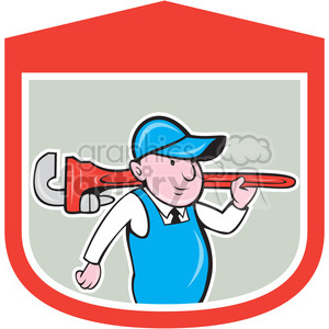 clipart - plumber big wrench STAND SIDE in shield shape.