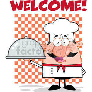 6838_Royalty_Free_Clip_Art_Happy_Chef_Cartoon_Character_Holding_A_Platter_Label clipart.