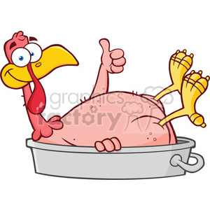 Royalty Free RF Clipart Illustration Smiling Turkey Bird Cartoon Character In The Pan Giving A Thumb Up clipart.