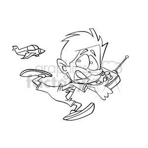 black and white image of boy being chased by radio controlled plane avion a control remoto negro clipart.
