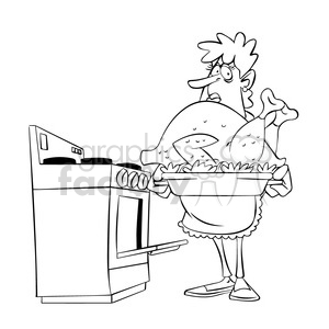 women cooking huge chicken for dinner black and white clipart. Royalty-free image # 394700