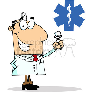 clipart - Dentist Holding a Pulled Tooth in font of a Red Cross.