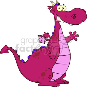 Royalty Free RF Clipart Illustration Purple Dragon Cartoon Mascot Character Waving For Greeting clipart.