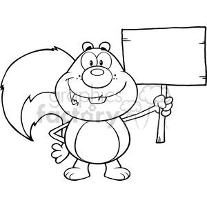 Royalty Free RF Clipart Illustration Black And White Happy Squirrel Cartoon Mascot Character Holding A Wooden Board clipart. Commercial use image # 395467