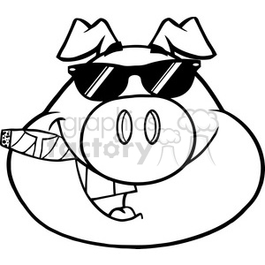 Royalty Free RF Clipart Illustration Black And White Businessman Pig Head With Sunglasses And Cigar clipart.