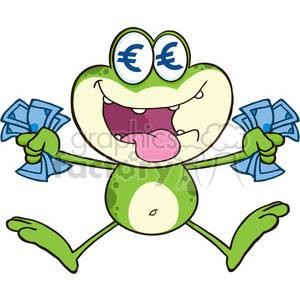 Royalty Free RF Clipart Illustration Crazy Green Frog Cartoon Character Jumping With Euro clipart. Royalty-free image # 395687