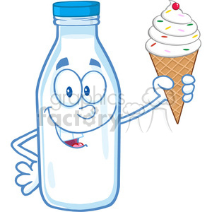 Royalty Free RF Clipart Illustration Funny Milk Bottle Character Holding A Ice Cream clipart.