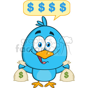 8835 Royalty Free RF Clipart Illustration Happy Blue Bird Cartoon Character Holding A Bags Of Money With Speech Bubble Vector Illustration Isolated On White clipart.