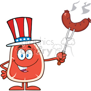 8406 Royalty Free RF Clipart Illustration American Steak Cartoon Mascot Character Holding Up A Sausage Vector Illustration Isolated On White clipart.