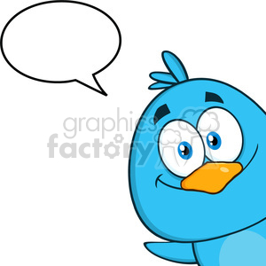 8813 Royalty Free RF Clipart Illustration Smiling Blue Bird Cartoon Character Looking From A Corner With Speech Bubble Vector Illustration Isolated On White clipart.