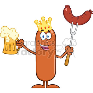 8452 Royalty Free RF Clipart Illustration Happy King Sausage Cartoon Character Holding A Beer And Weenie On A Fork Vector Illustration Isolated On White clipart.