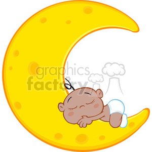Royalty Free RF Clipart Illustration Cute African American Baby Boy Sleeps On Moon Cartoon Character clipart.