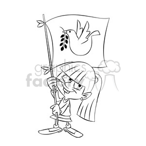 clipart - small girl holding flag black white.
