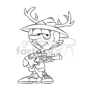leo the cartoon safari character holding rifle wearing antlers black white clipart. Commercial use image # 397867