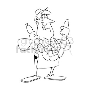 Chuck the cartoon butcher holding sausages black white clipart.