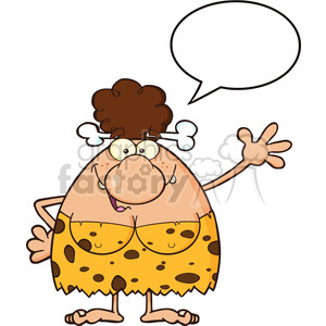 happy brunette cave woman cartoon mascot character talking and waving vector illustration clipart.