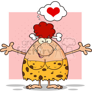 smiling red hair cave woman cartoon mascot character with open arms and a heart vector illustration clipart.