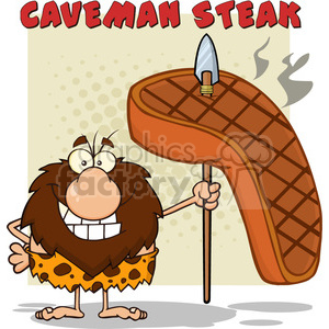 smiling male caveman cartoon mascot character holding a spear with big grilled steak vector illustration with text caveman steak clipart.