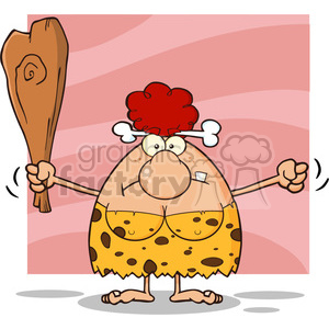 grumpy red hair cave woman cartoon mascot character holding up a fist and a club vector illustration isolated on pink background clipart.