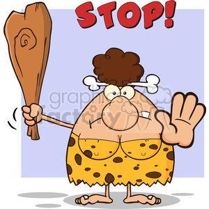 clipart - angry brunette cave woman cartoon mascot character gesturing and standing with a spear vector illustration with text stop.