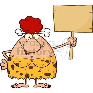 clipart - happy red hair cave woman cartoon mascot character holding a wooden board vector illustration.