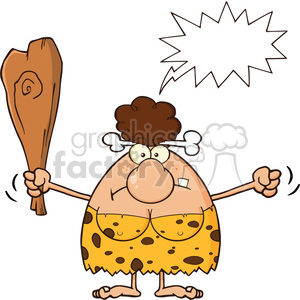 grumpy brunette cave woman cartoon mascot character holding up a fist and a club vector illustration with angry speech bubble clipart.