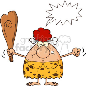 grumpy red hair cave woman cartoon mascot character holding up a fist and a club vector illustration with angry speech bubble clipart.