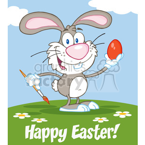 royalty free rf clipart illustration happy gray rabbit painting easter egg vector illustration greeting card .