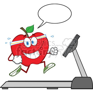 clipart - royalty free rf clipart illustration healthy red apple cartoon character running on a treadmill with speech bubble vector illustration isolated on white.