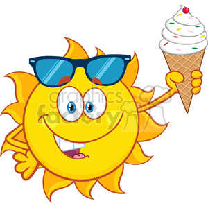cute sun cartoon mascot character with sunglasses holding a ice cream vector illustration isolated on white background clipart.