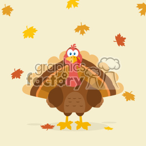 Thanksgiving Turkey Bird Cartoon Mascot Character Vector Flat Design Over Background With Autumn Leaves clipart.