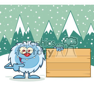 clipart - Cute Little Yeti Cartoon Mascot Character Pointing To A Wooden Blank Sign Vector With Winter Background.