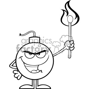 10792 Royalty Free RF Clipart Black And White Evil Bomb Cartoon Mascot Character Holding Up A Flaming Match Vector Illustration clipart.